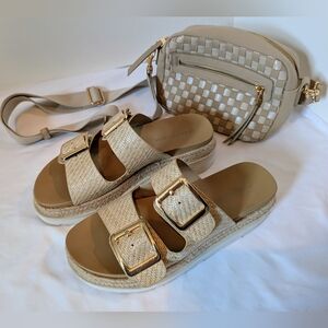 Madden Girl Beige Sandals Sz. 8 with Universal Thread Checkerboard Purse.